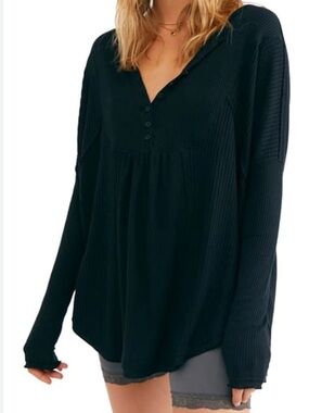 Free People womens Leo Henley Top thermal Henley M waffle oversized relaxed boho